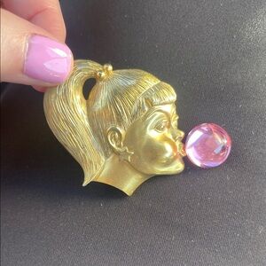 Vintage AJC Bubble Gum Girl gold brooch